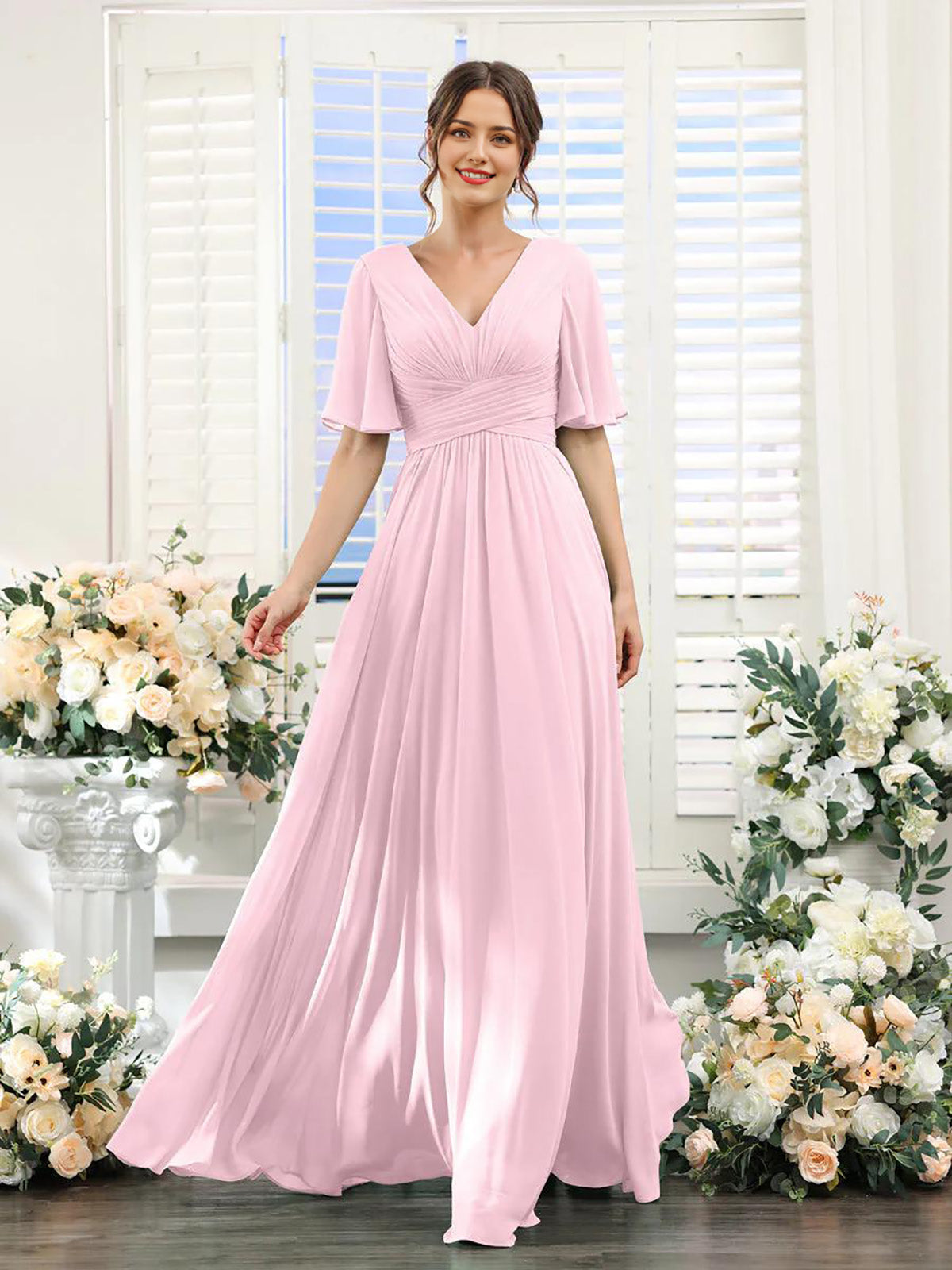 DingJiDress A-Line Bridesmaid Dress V-Neck Sleeve for Wedding Guest Long Formal Party Dresses with Slit