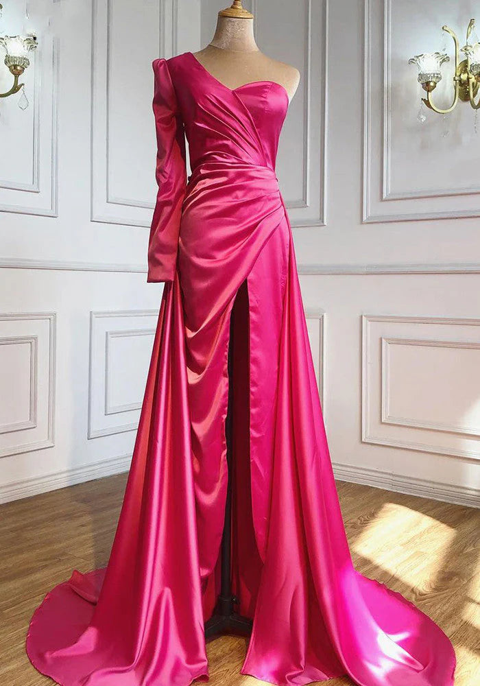 DingJiDress Prom Dresses Plus Size One Shoulder Ruched Bodice Sheath Satin With High Slit