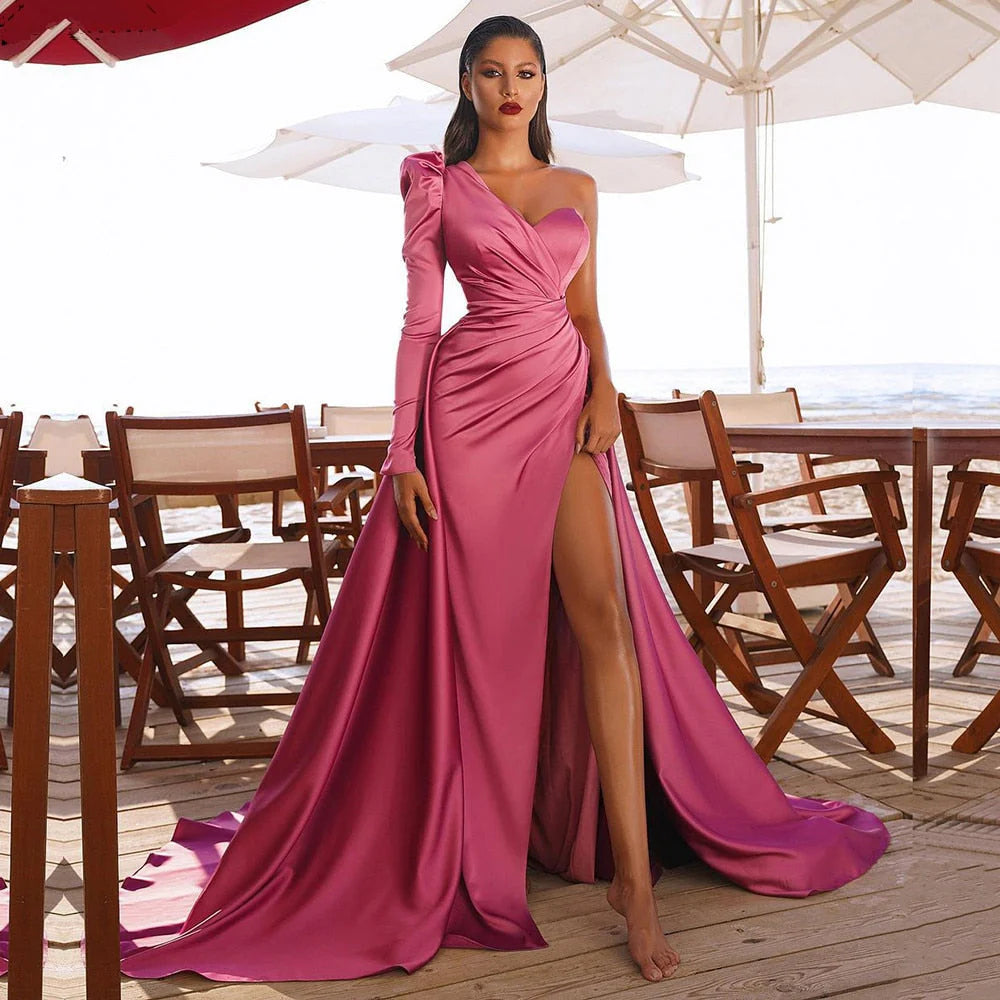 DingJiDress Prom Dresses Plus Size One Shoulder Ruched Bodice Sheath Satin With High Slit