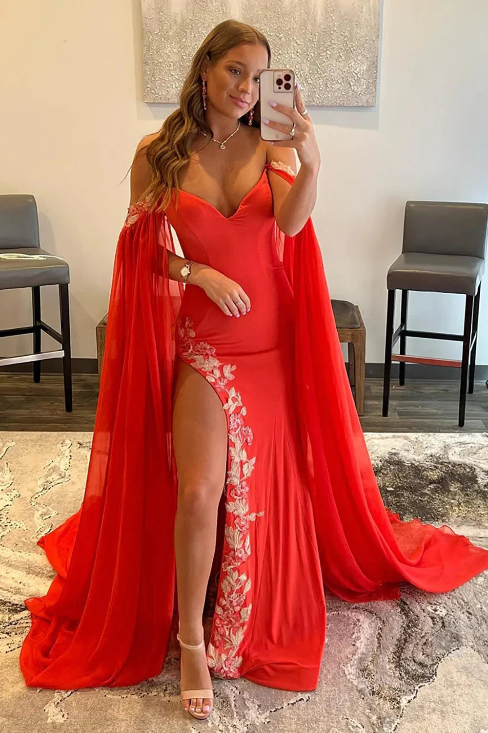 DingJiDress Sheath Off the Shoulder Long Prom Dress with Slit Polyester