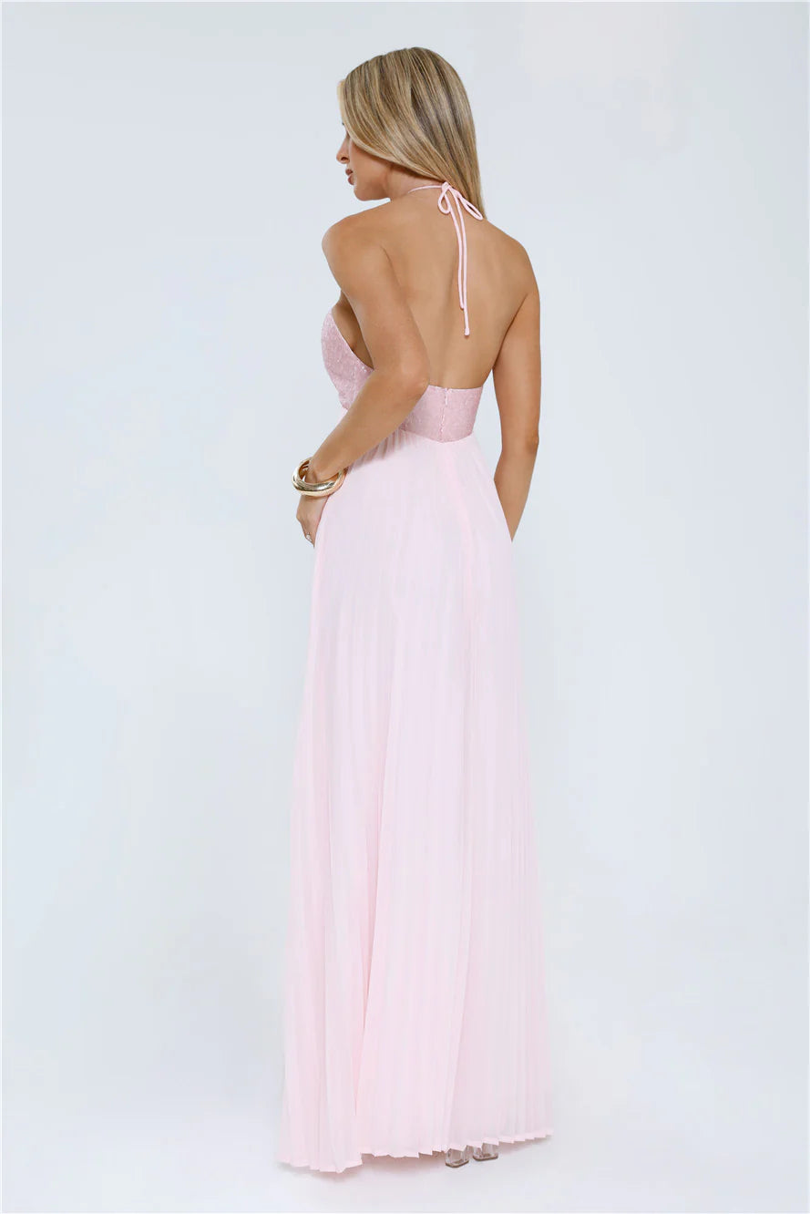 Pretty A-line Halter Tie Open Back Sequin Pink Maxi Porm Dress Ready To Ship