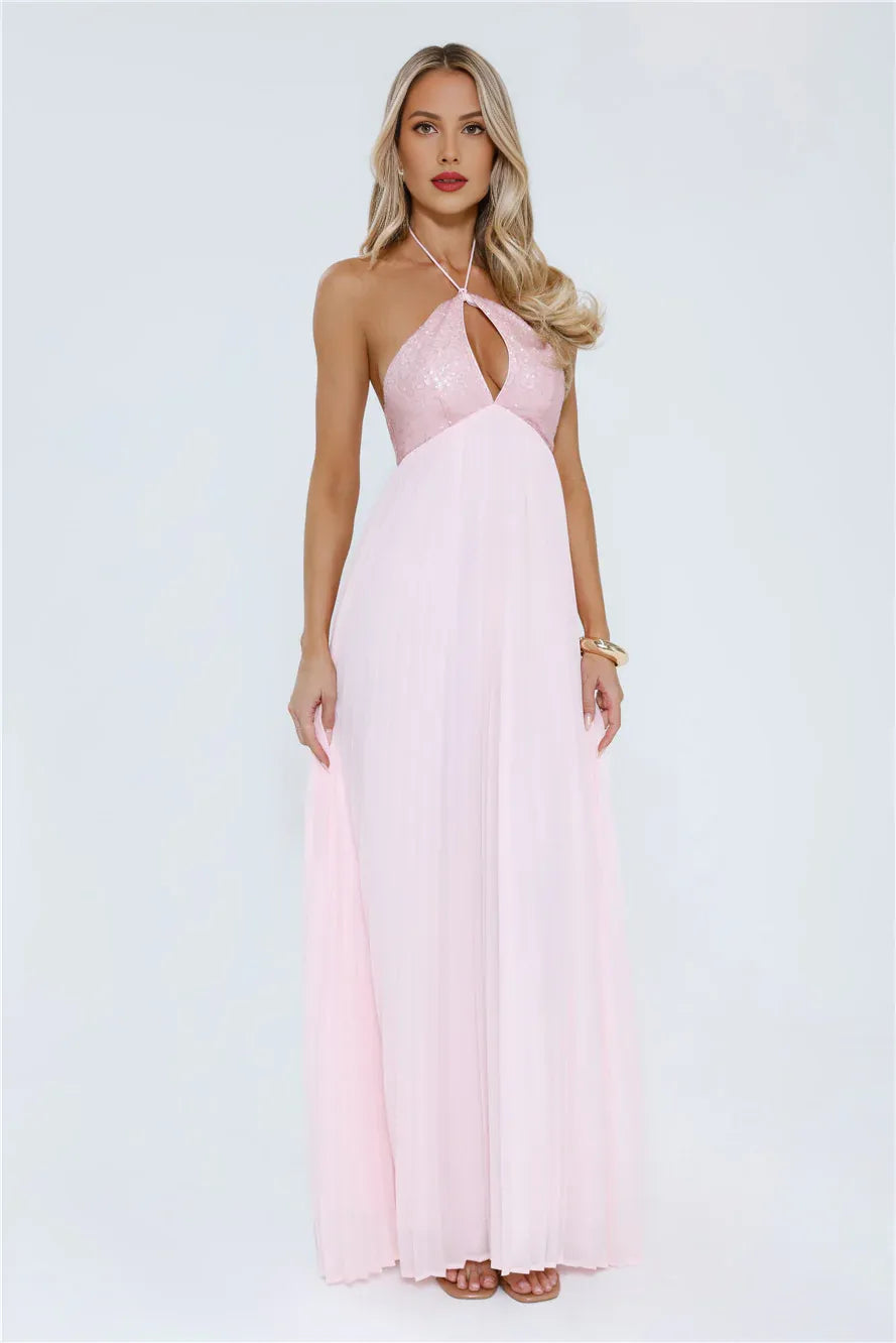 Pretty A-line Halter Tie Open Back Sequin Pink Maxi Porm Dress Ready To Ship