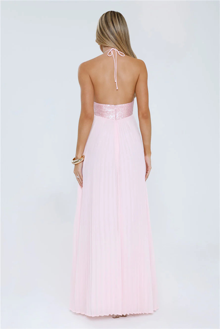 Pretty A-line Halter Tie Open Back Sequin Pink Maxi Porm Dress Ready To Ship