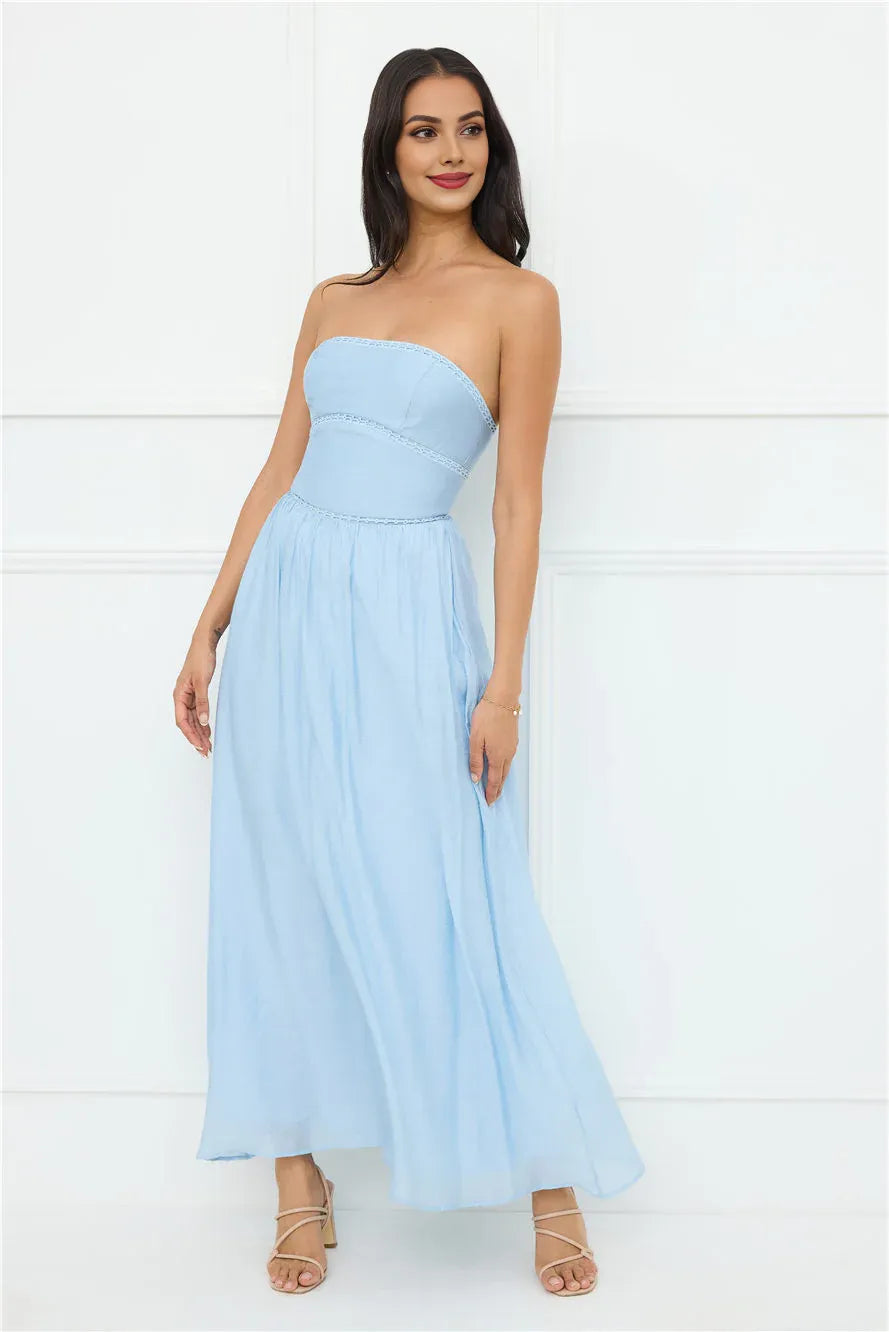 Pretty A-line Strapless Blue Maxi Prom Dress With Ladder Trim For Women Custom
