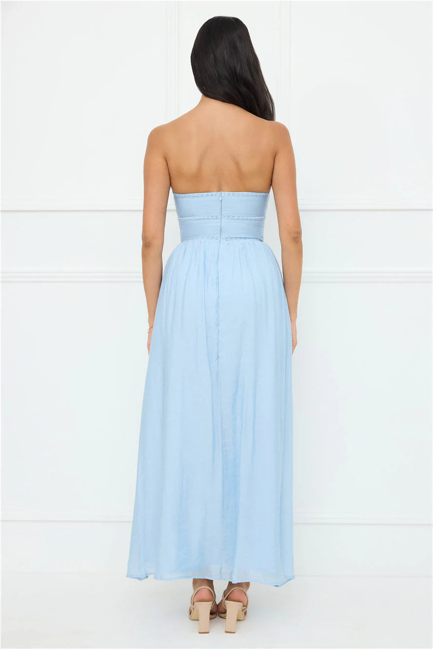 Pretty A-line Strapless Blue Maxi Prom Dress With Ladder Trim For Women Custom