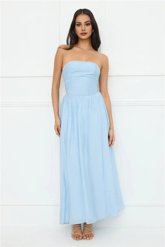 Pretty A-line Strapless Blue Maxi Prom Dress With Ladder Trim For Women Custom