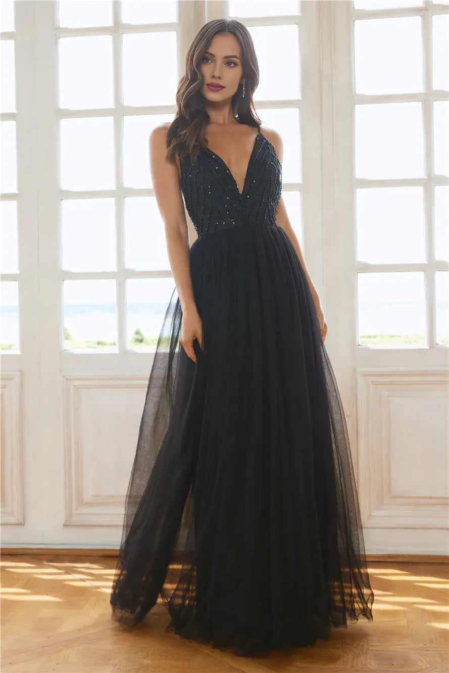 Pretty Charming A-line V-Neck Open Back Tulle Black Maxi Prom Dress With Beaded