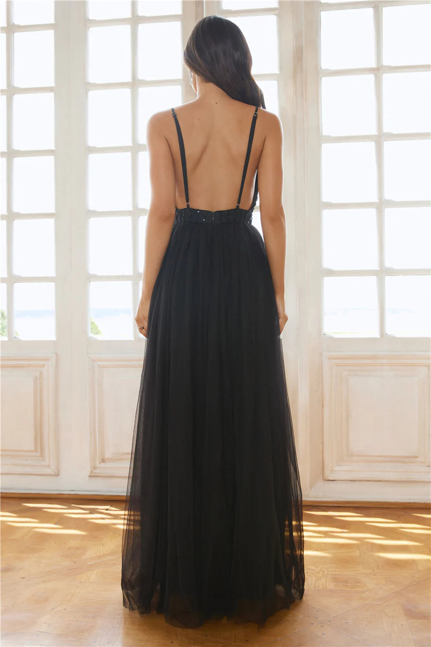 Pretty Charming A-line V-Neck Open Back Tulle Black Maxi Prom Dress With Beaded
