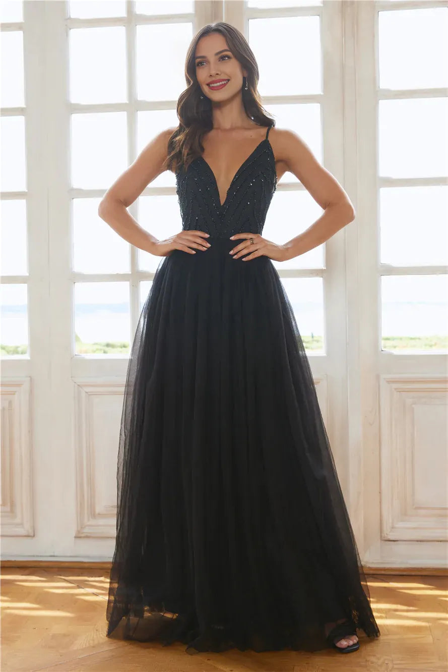 Pretty Charming A-line V-Neck Open Back Tulle Black Maxi Prom Dress With Beaded