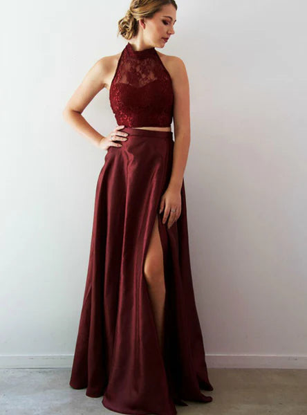 Two Piece Formal Dress Princess Halter Backless Burgundy Lace Satin Prom Dresses
