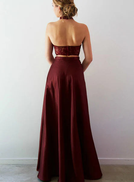 Two Piece Formal Dress Princess Halter Backless Burgundy Lace Satin Prom Dresses