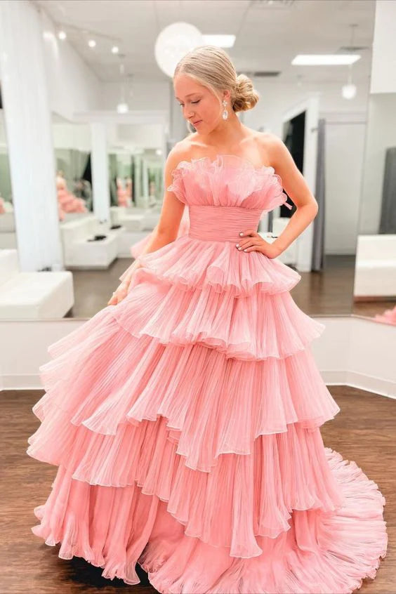 DingJiDress Tulle Layers Ruffles Long Prom Dress A Line Strapless Princess