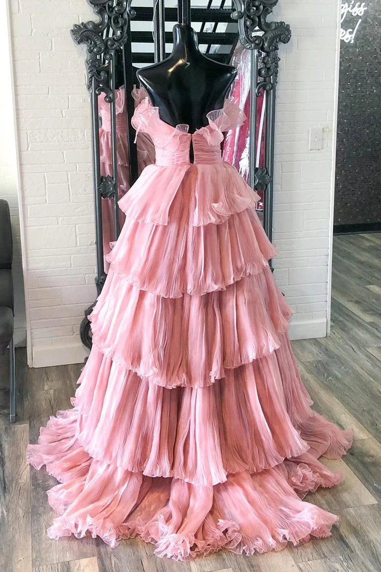 DingJiDress Tulle Layers Ruffles Long Prom Dress A Line Strapless Princess