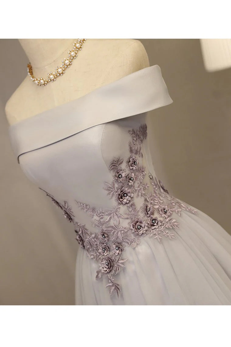 DingJiDress A Line Prom Dresses Boat Neck Tulle With Applique And Handmade Flowers