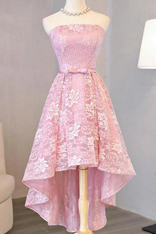 DingJiDress A Line Prom Dresses Strapless Lace With Sash Asymmertical