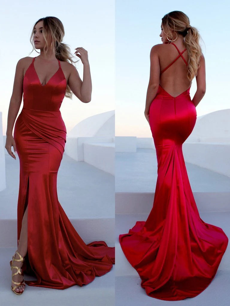 DingJiDress Sexy Prom Dresses Long Evening Dresses Mermaid Satin Deep V Neck