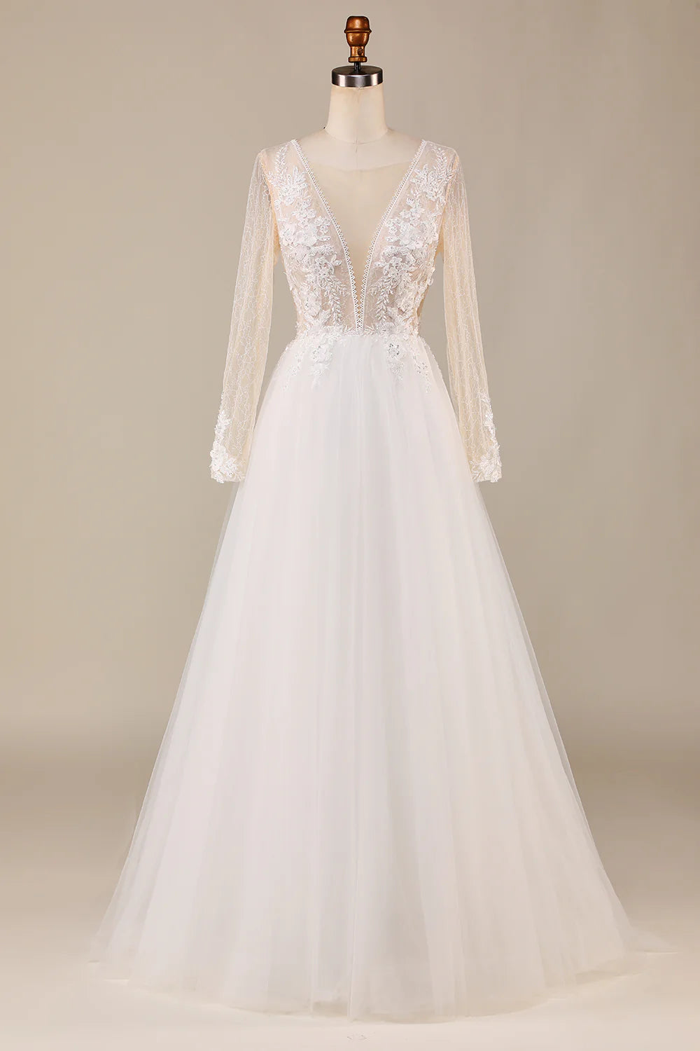 DingJiDress A Line Deep V-Neck Ivory Tulle Sweep Train Wedding Dress with Lace