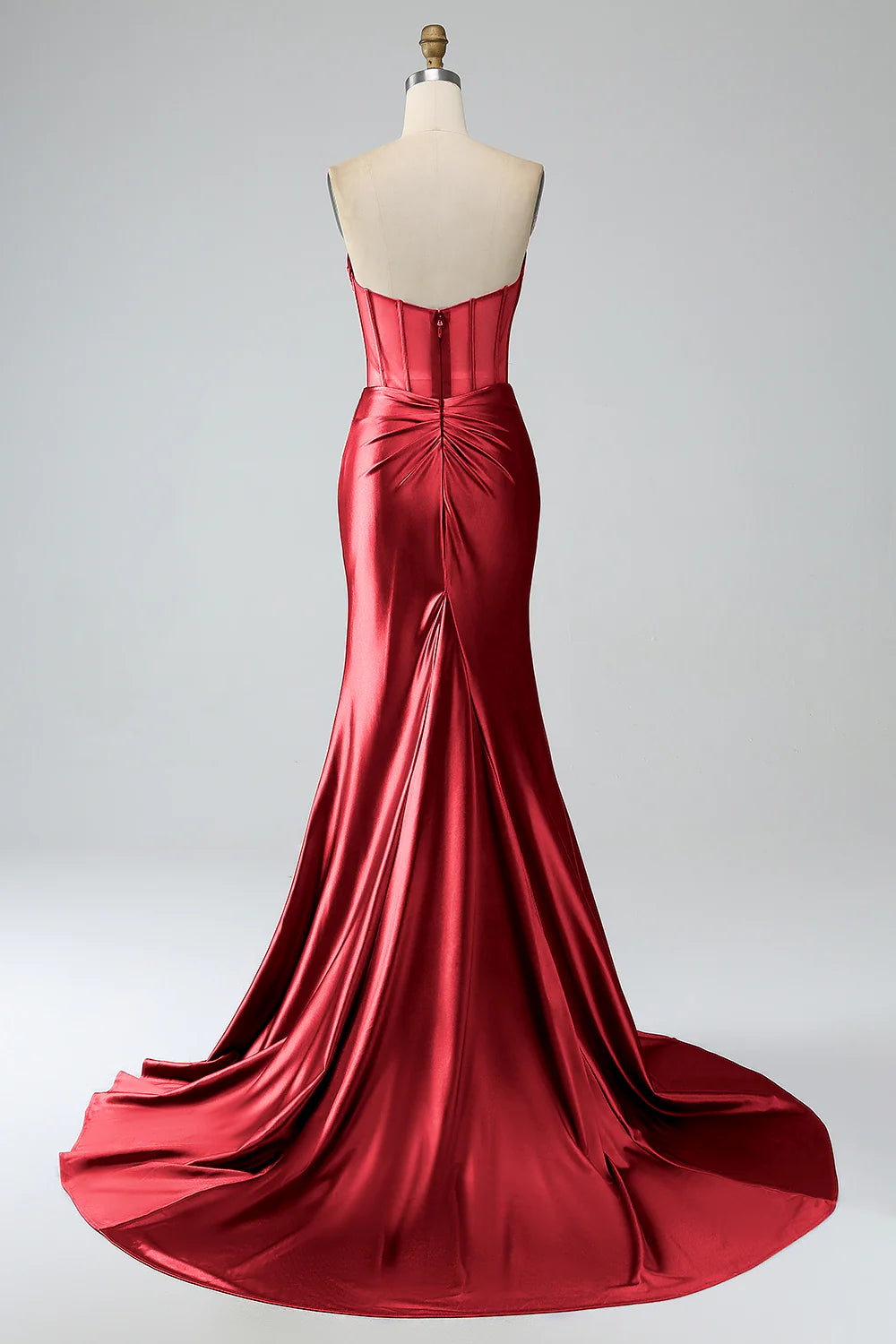 DingJiDress Red Mermaid Strapless Pleated Corset Long Prom Dress with Slit