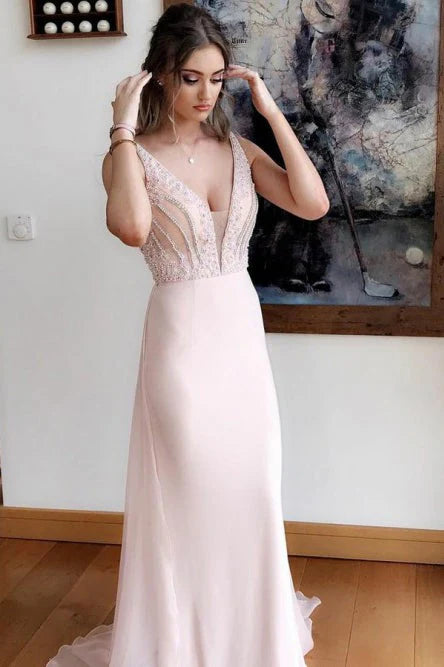 DingJiDress Prom Dresses Real Made Sheath V Neck Beading Chiffon