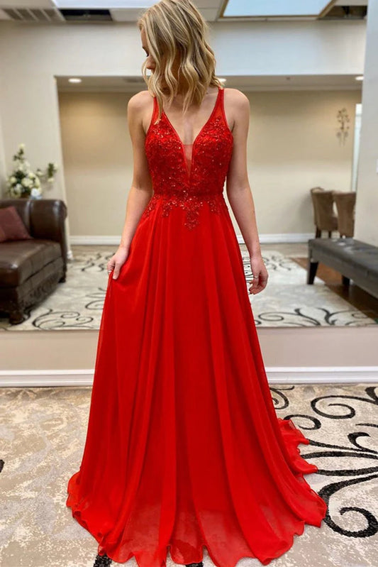 DingJiDress A Line Prom Dresses V-Neck Open Back Beaded Bodice Floor Length