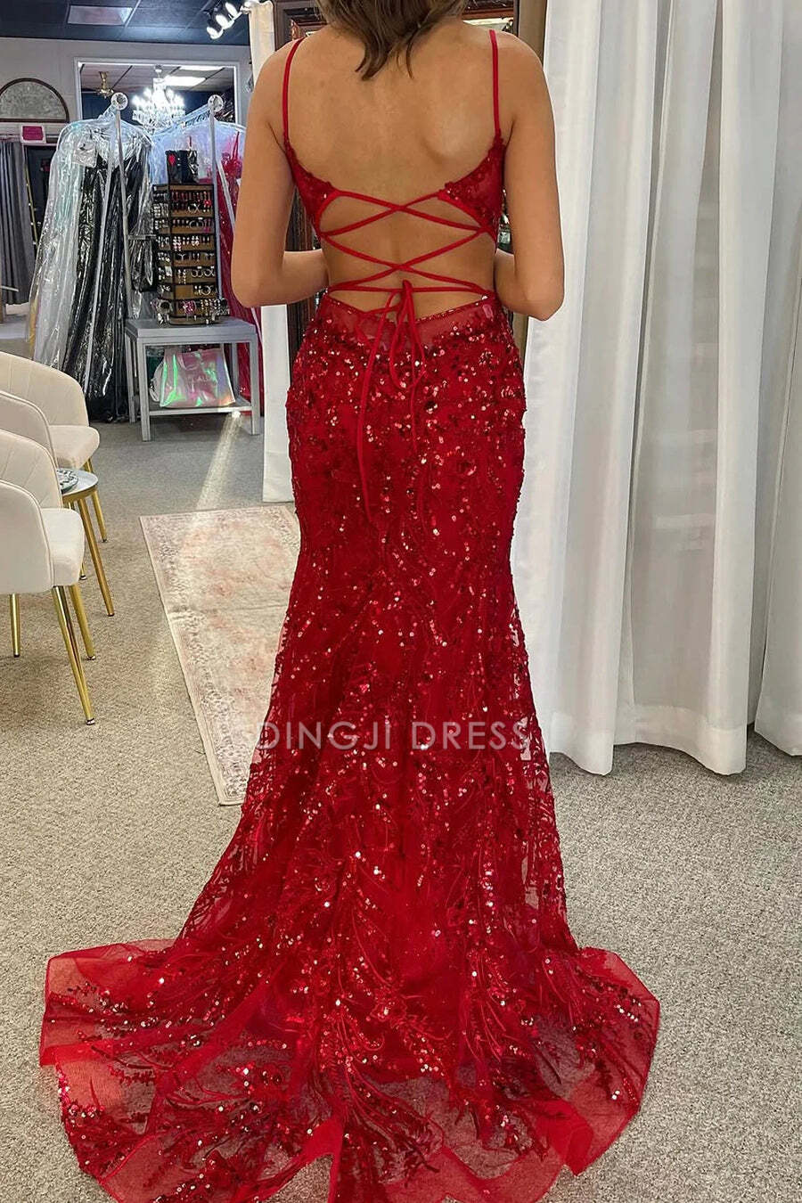 DingJiDress Formal Dress Mermaid Sweetheart Spaghetti Strap Sleeveless Backless Long Party Sparkle Prom Dress
