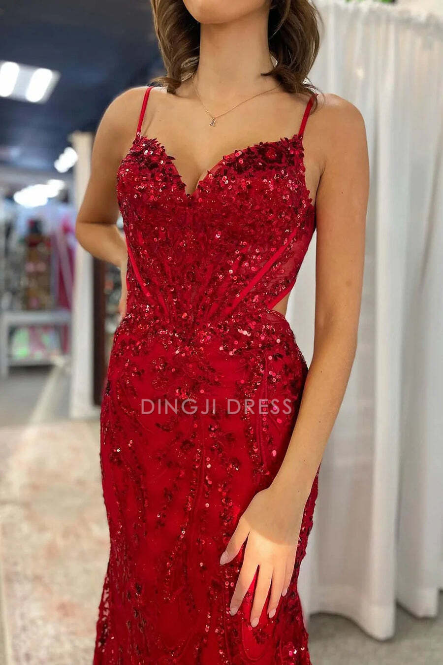 DingJiDress Formal Dress Mermaid Sweetheart Spaghetti Strap Sleeveless Backless Long Party Sparkle Prom Dress