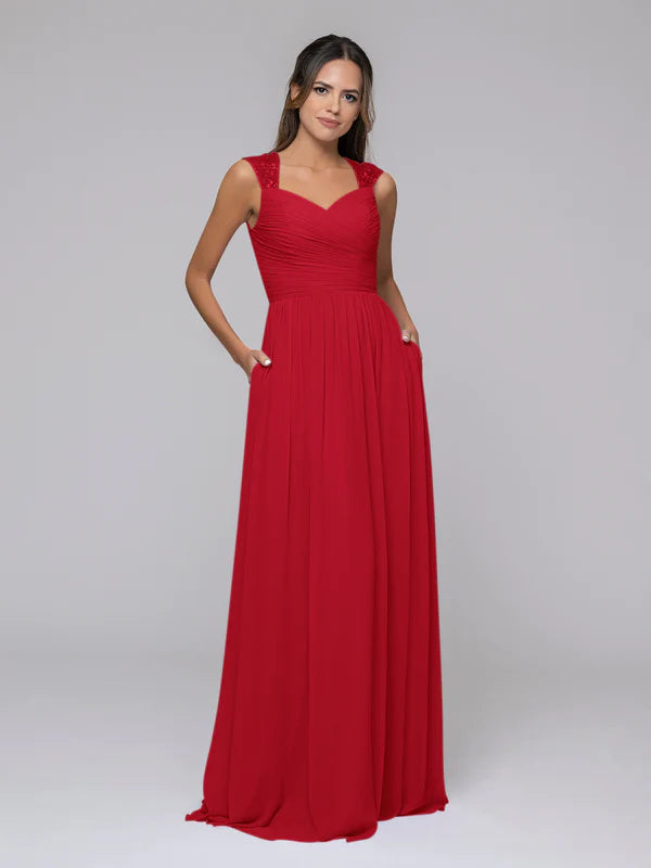 Chiffon Sweetheart Strap Long Bridesmaid Dresses With Pleated Bodice