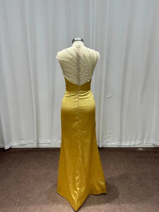 Regal Mermaid Round Neck Short-Sleeve Beaded Gold Maxi Evening Dress for Women Ready to Ship