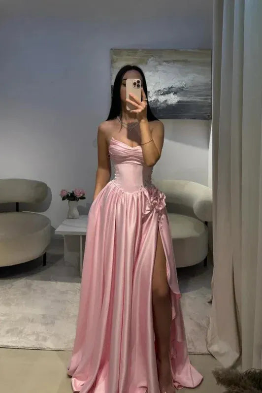 Romantic A-Line Strapless Sleeveless Beaded Baby Pink Maxi Prom Dress for Women Custom