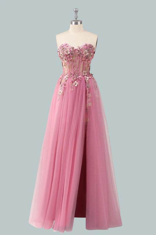 Romantic A-Line Sweetheart Strapless Floral-Appliqued Pink Floor-Length Prom Dress For Women Ready To Ship