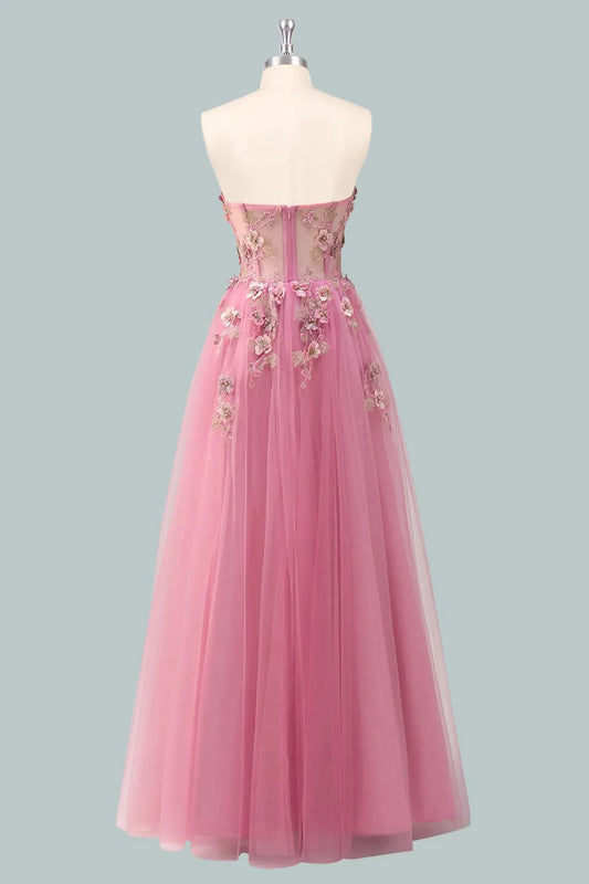 Romantic A-Line Sweetheart Strapless Floral-Appliqued Pink Floor-Length Prom Dress For Women Ready To Ship