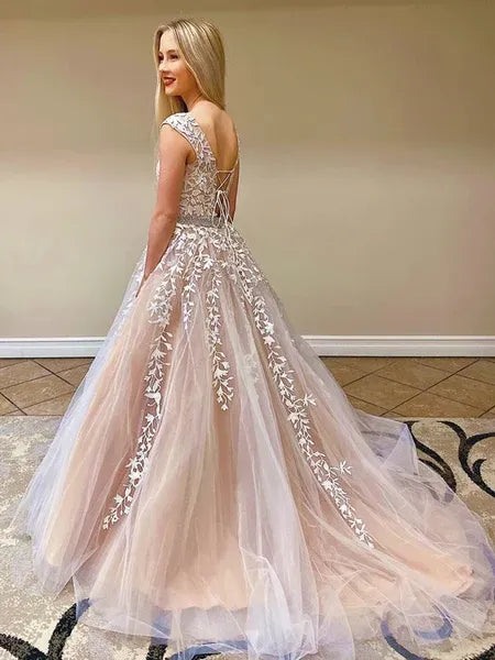 Romantic A Line Round Neck Cap Sleeve Floral Lace Beaded Tulle Blush Train Prom Dress