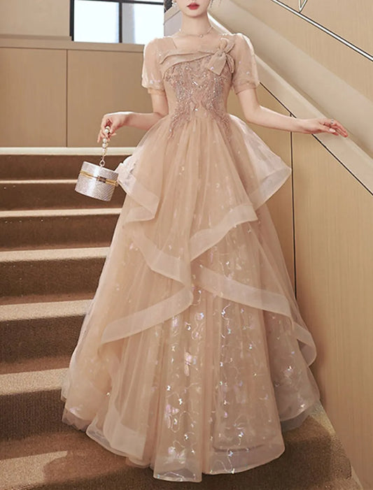 Romantic Ball Gown Square Neck Puff Sleeve Sequin Champagne Long Prom Dress For Women Hot Sale