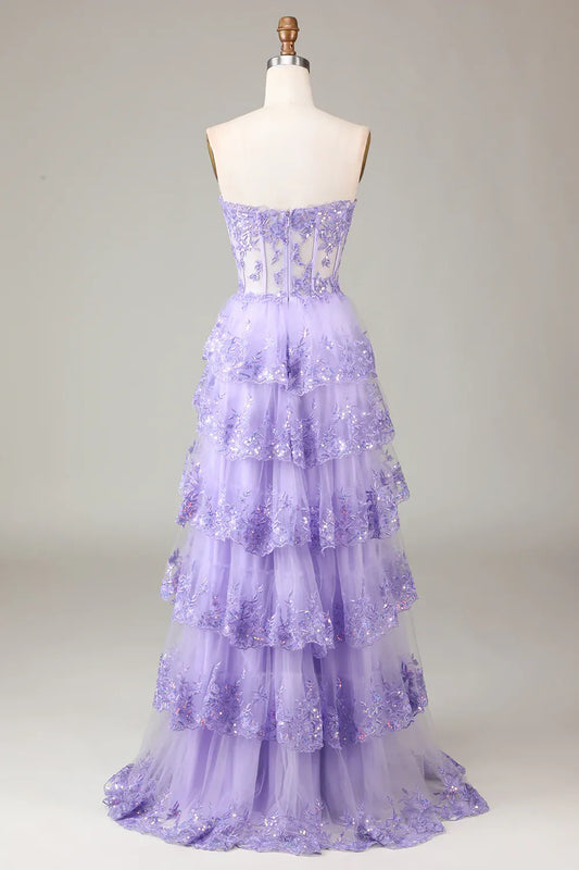 Romantic Ball Gown Sweetheart Ruffle Sequin Tulle Lavender Maxi Prom Dress