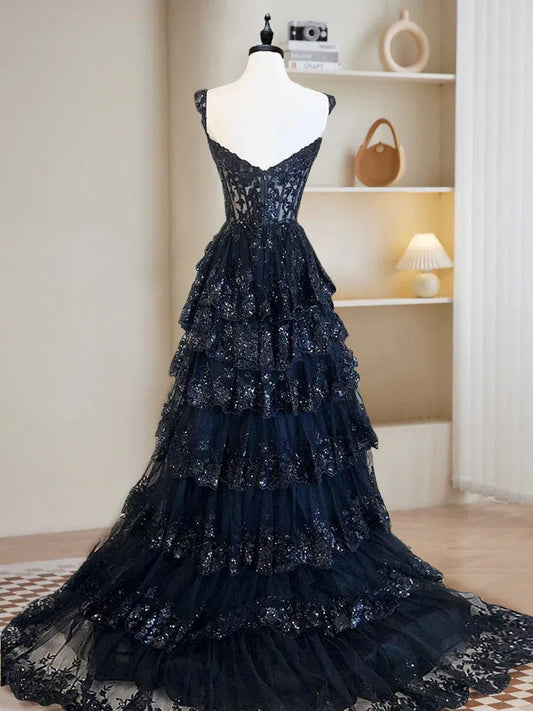 Romantic Ball Gown Sweetheart Corset Tiered Ruffle Sequin Navy Maxi Prom Dress