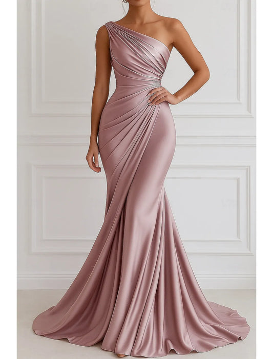 Romantic Mermaid One-Shoulder Sleeveless Ruched Dusty Rose Floor-Length Prom Dress For Women Ready To Ship