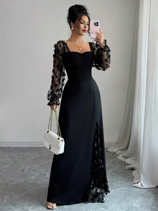 Romantic Sheath Sweetheart Neck Long-Sleeve Floral Black Maxi Evening Dress for Women Ready to Ship