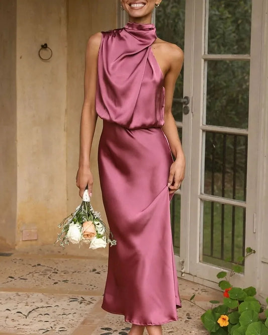 Romantic Slip Halter Neck Sleeveless Draped Dusty Rose Midi Prom Dress for Women Ready to Ship