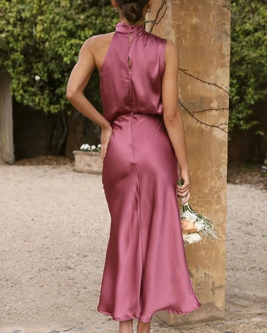 Romantic Slip Halter Neck Sleeveless Draped Dusty Rose Midi Prom Dress for Women Ready to Ship