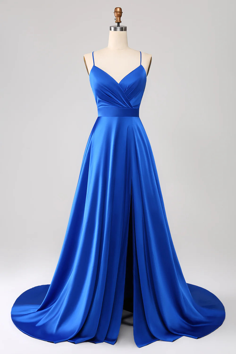 DingJiDress Royal Blue A Line Spaghetti Straps Satin Prom Dress with Slit