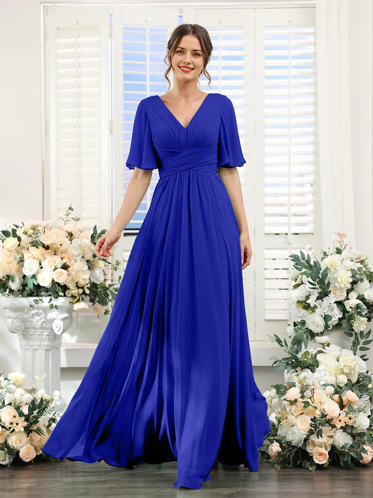 DingJiDress A-Line Bridesmaid Dress V-Neck Sleeve for Wedding Guest Long Formal Party Dresses with Slit