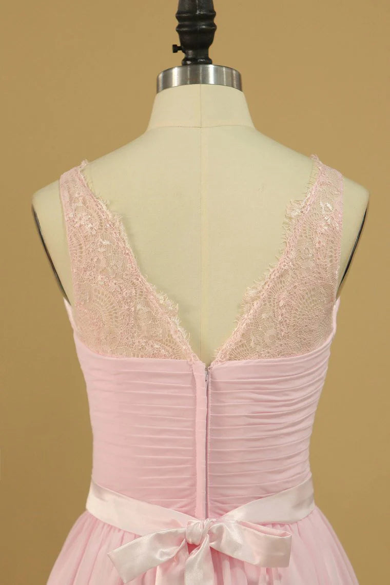 DingJiDress Chiffon Sash Bridesmaid Dresses A Line V Neck With Ruffles