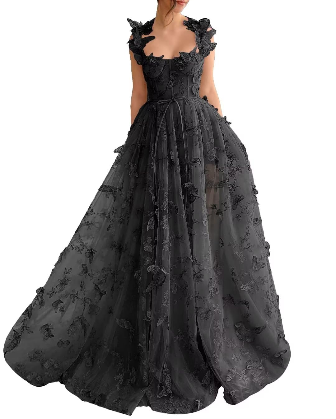 Long Tulle Prom Dress with 3D Butterflies Dress Ball Gown Evening Party Wedding Formal Dress Slit