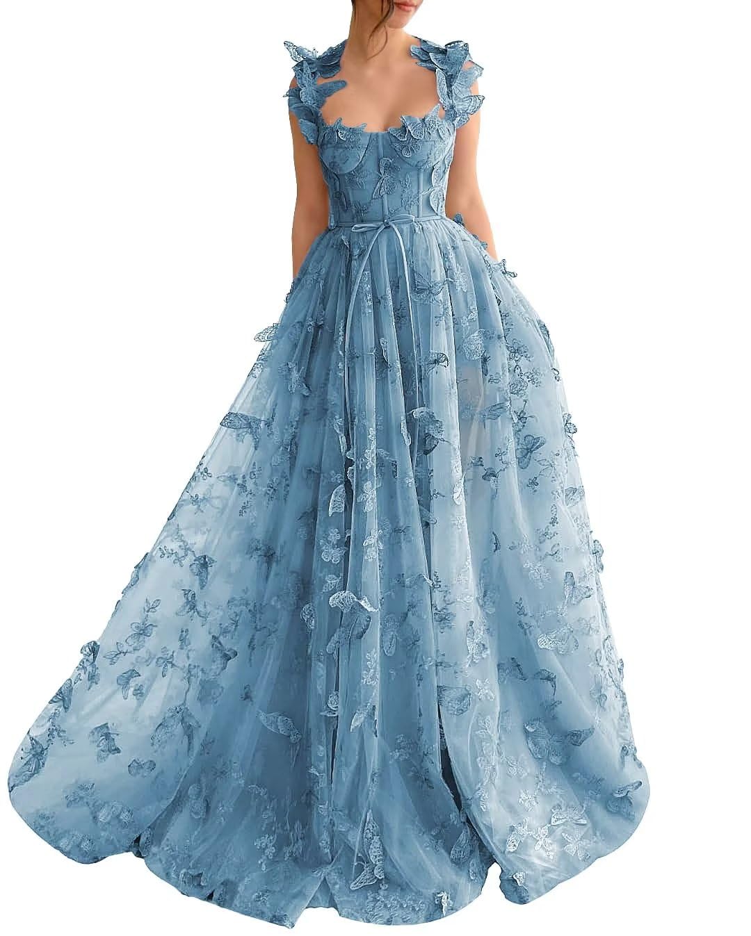 Long Tulle Prom Dress with 3D Butterflies Dress Ball Gown Evening Party Wedding Formal Dress Slit