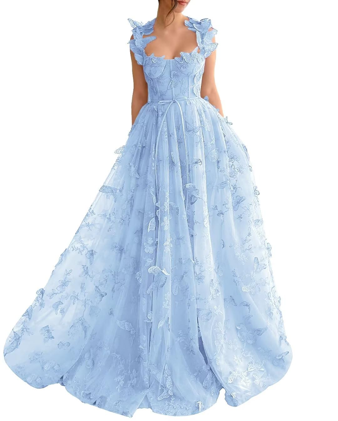 Long Tulle Prom Dress with 3D Butterflies Dress Ball Gown Evening Party Wedding Formal Dress Slit