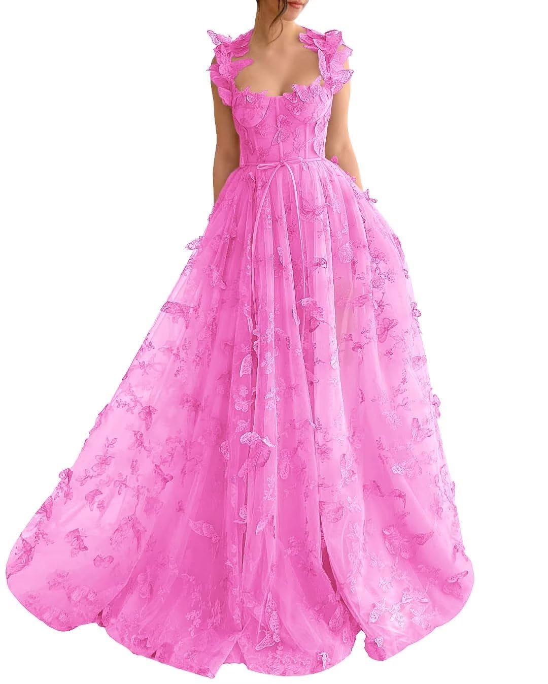 Long Tulle Prom Dress with 3D Butterflies Dress Ball Gown Evening Party Wedding Formal Dress Slit