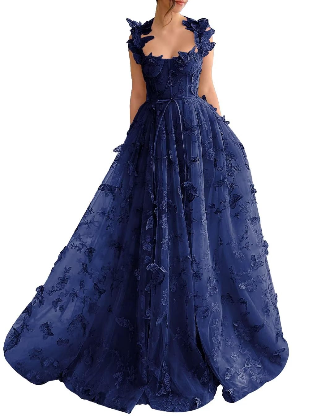 Long Tulle Prom Dress with 3D Butterflies Dress Ball Gown Evening Party Wedding Formal Dress Slit