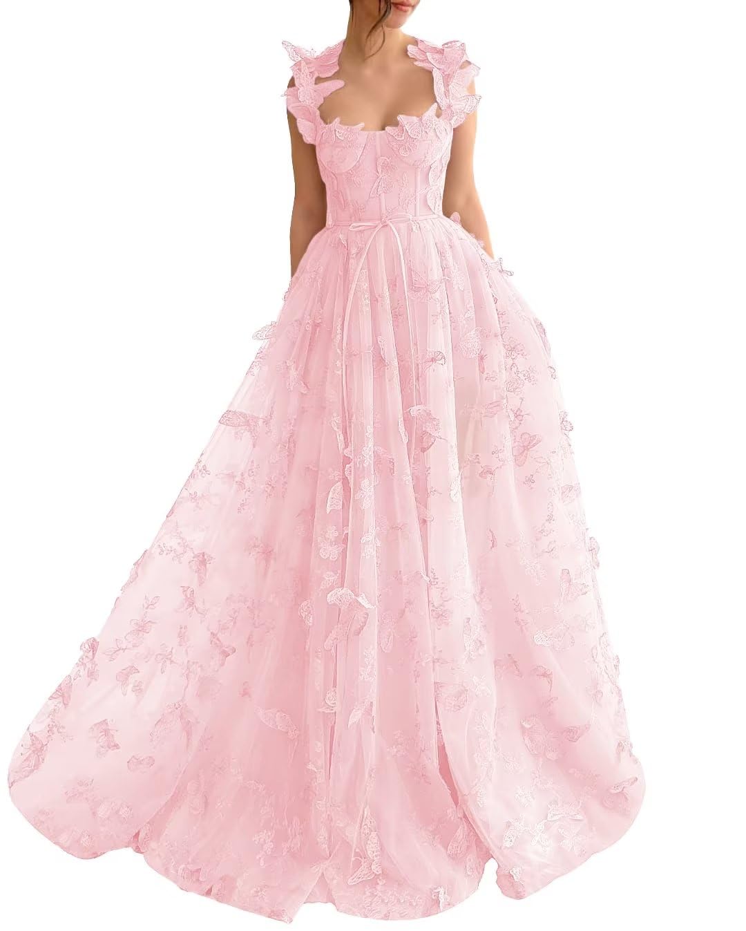 Long Tulle Prom Dress with 3D Butterflies Dress Ball Gown Evening Party Wedding Formal Dress Slit