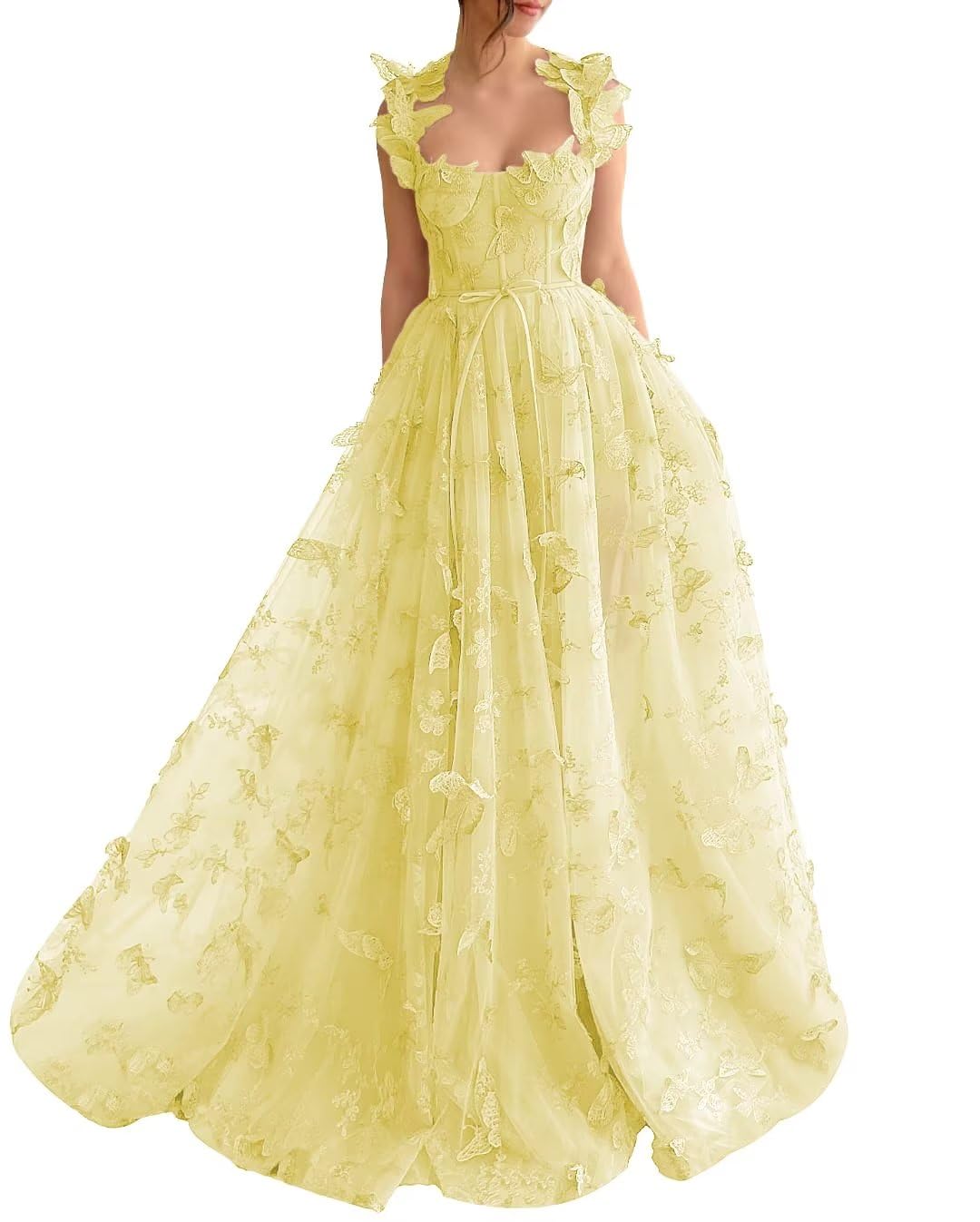 Long Tulle Prom Dress with 3D Butterflies Dress Ball Gown Evening Party Wedding Formal Dress Slit