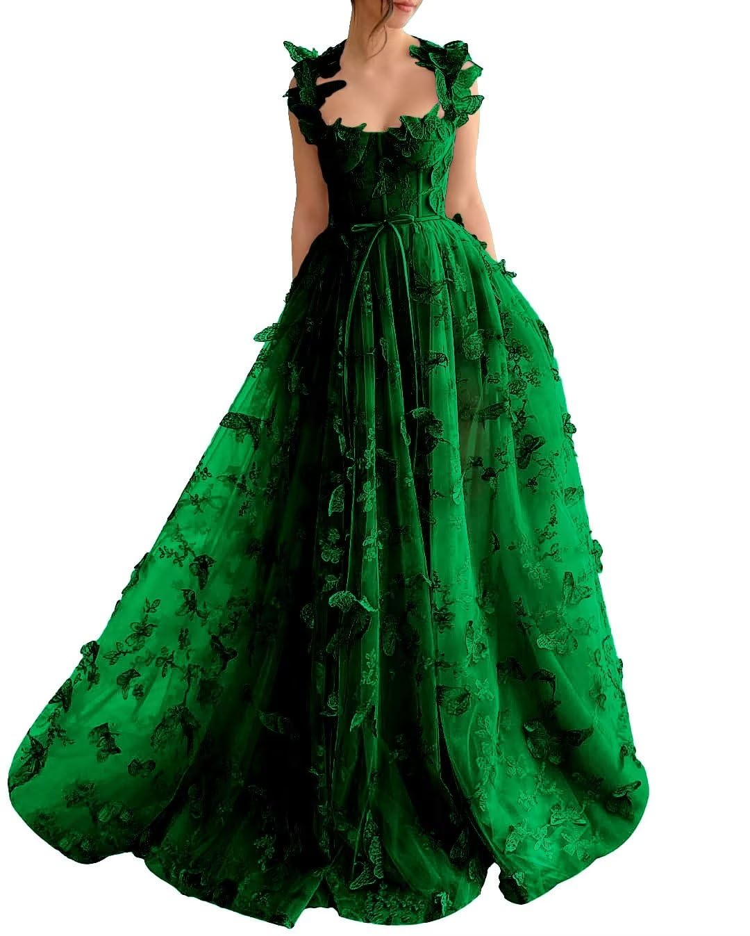 Long Tulle Prom Dress with 3D Butterflies Dress Ball Gown Evening Party Wedding Formal Dress Slit